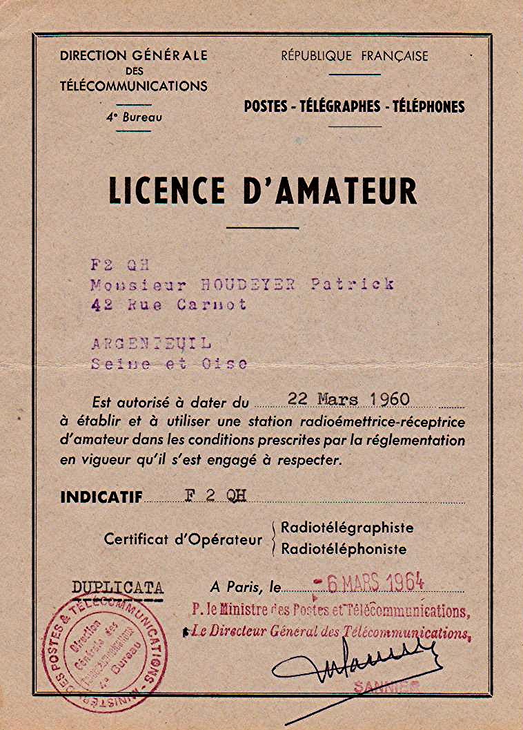 Licence d'émission F2QH 1960